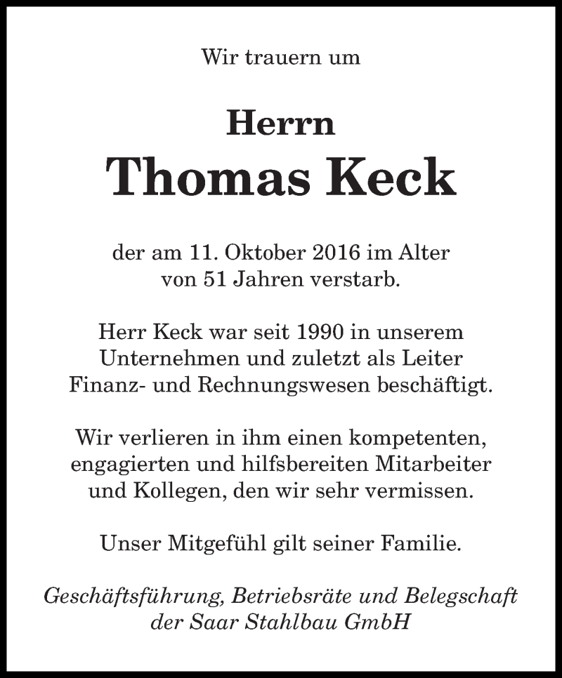  Traueranzeige für Thomas Keck vom 22.10.2016 aus saarbruecker_zeitung