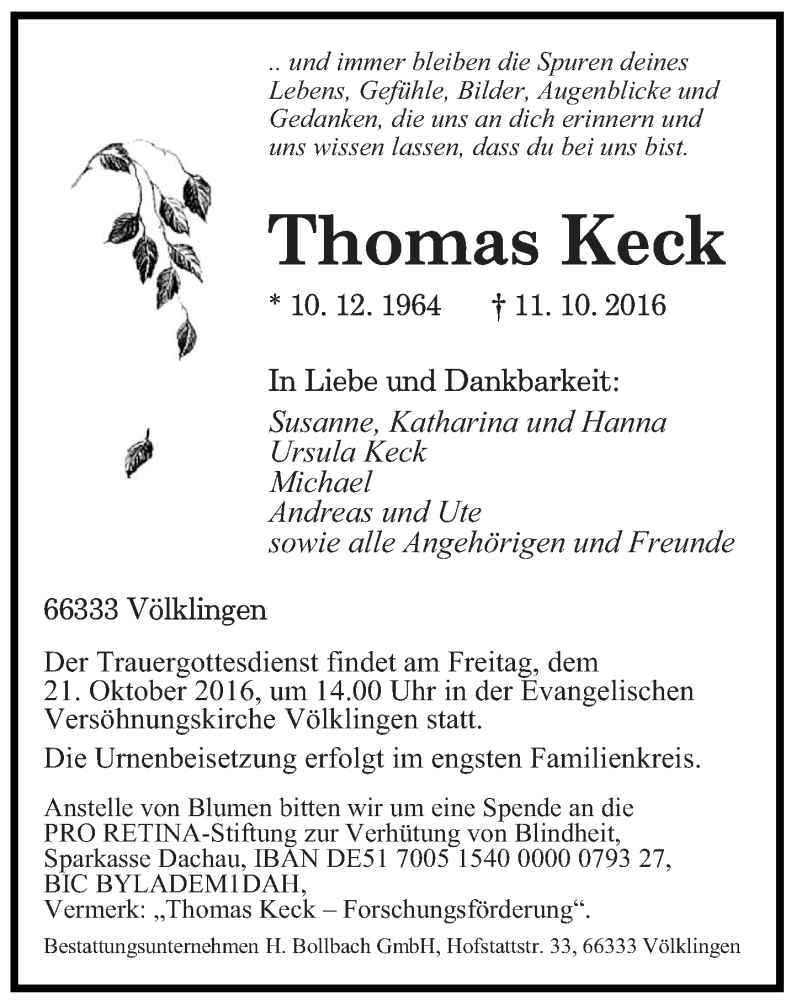  Traueranzeige für Thomas Keck vom 19.10.2016 aus saarbruecker_zeitung