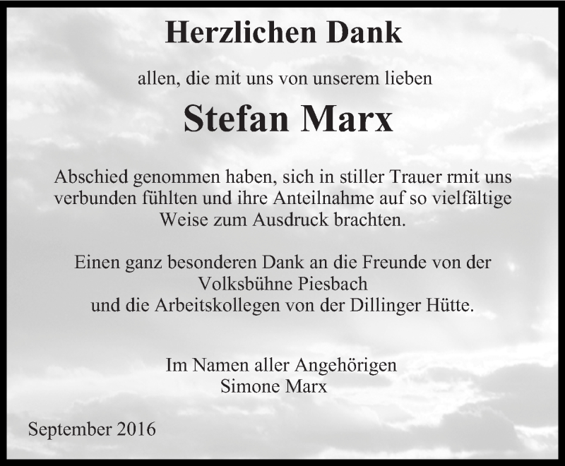 Traueranzeige für Stefan Marx vom 01.10.2016 aus saarbruecker_zeitung