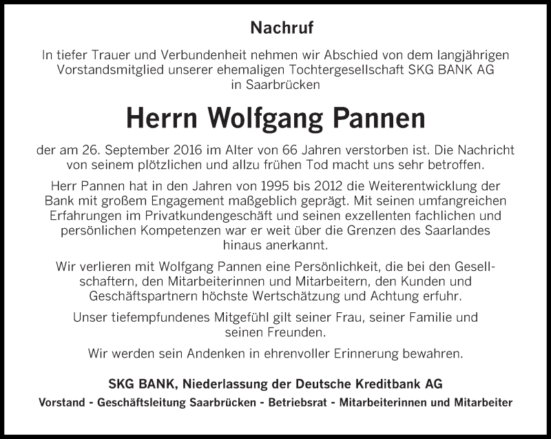  Traueranzeige für Wolfgang Pannen vom 08.10.2016 aus saarbruecker_zeitung