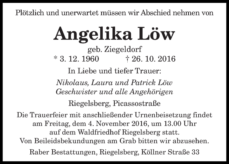  Traueranzeige für Angelika Löw vom 29.10.2016 aus saarbruecker_zeitung