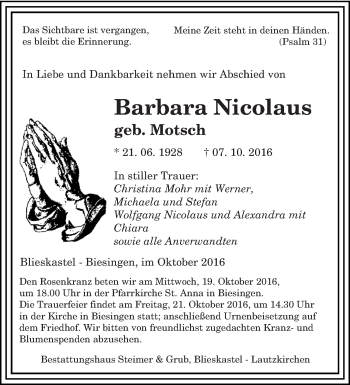 Traueranzeige von Barbara Nicolaus von saarbruecker_zeitung