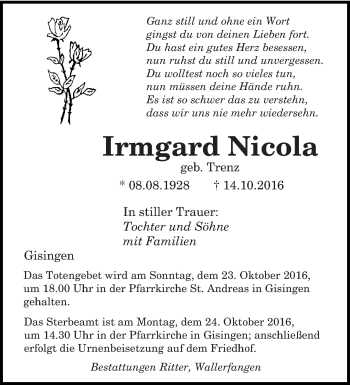 Traueranzeige von Irmgard Nicola von saarbruecker_zeitung