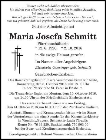 Traueranzeige von Maria Josefa Schmitt von saarbruecker_zeitung