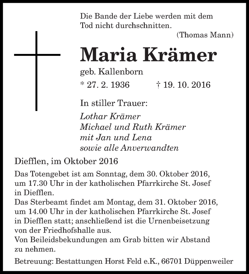 Traueranzeigen Von Maria Kr Mer Saarbruecker Zeitung Trauer De