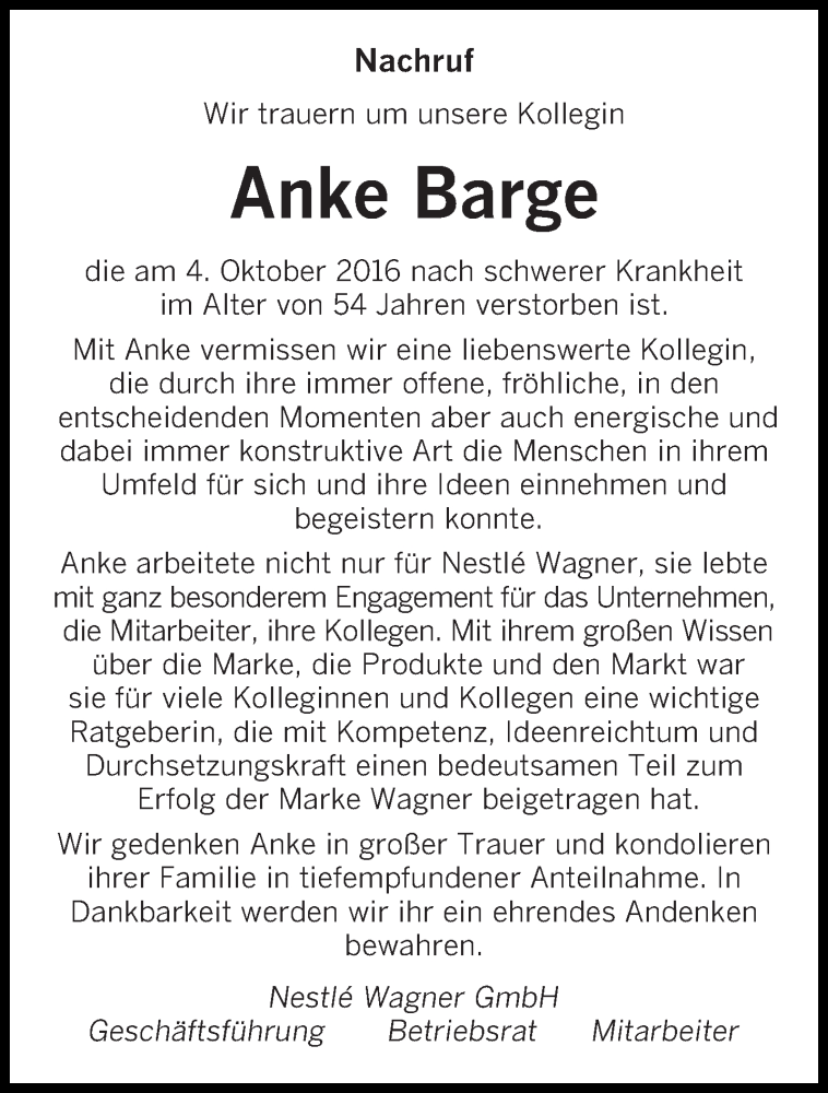 Traueranzeige für Anke Barge vom 22.10.2016 aus saarbruecker_zeitung