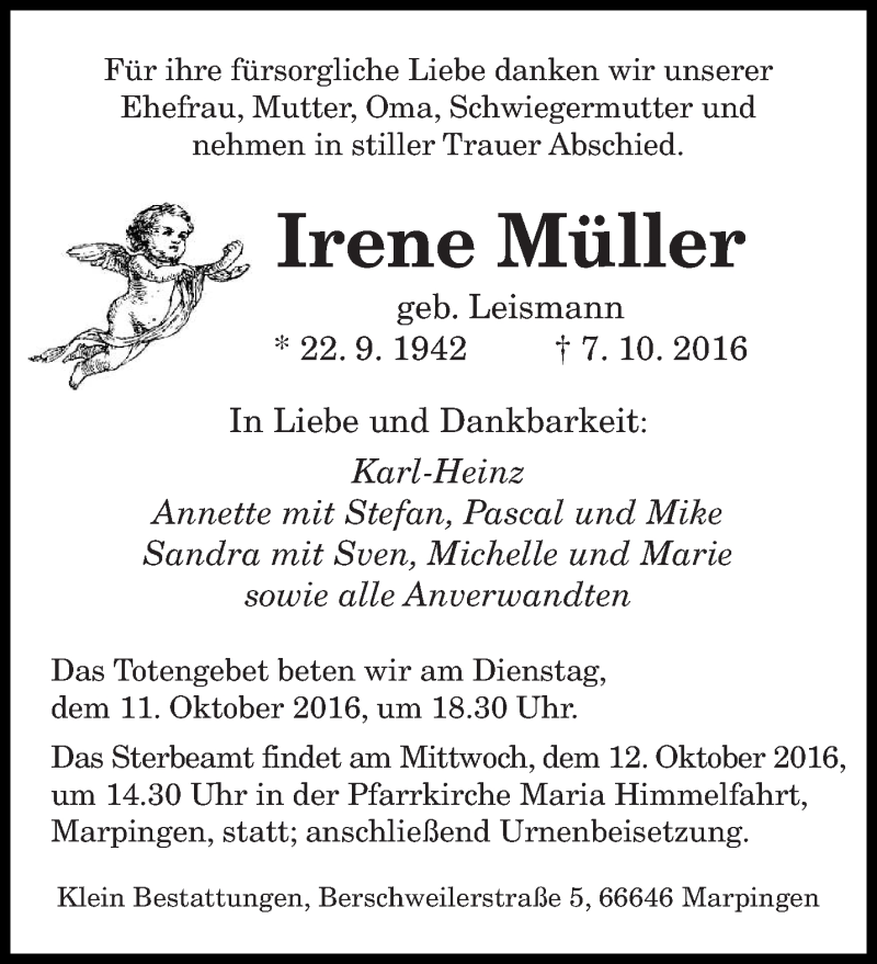  Traueranzeige für Irene Müller vom 08.10.2016 aus saarbruecker_zeitung