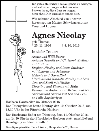 Traueranzeige von Agnes Nicolay von saarbruecker_zeitung