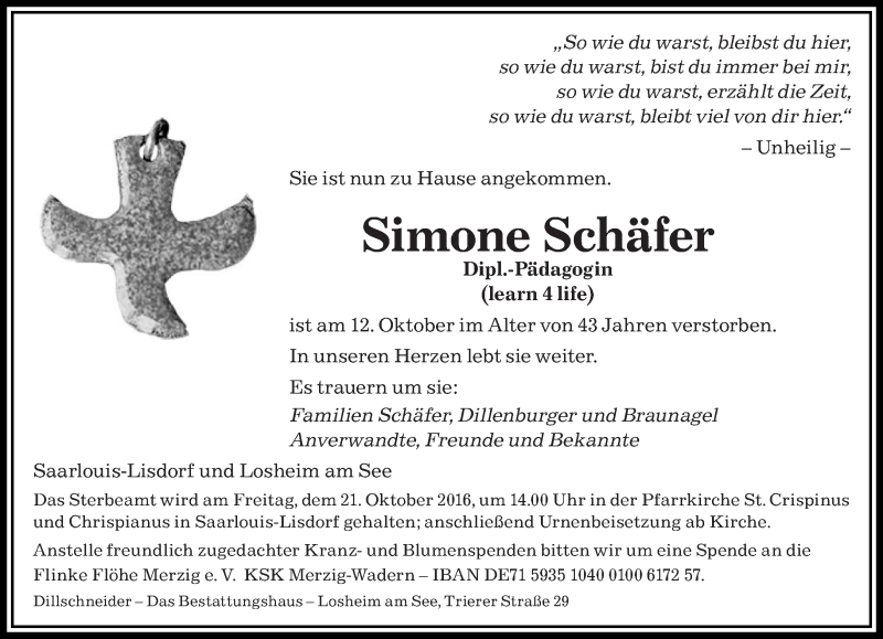  Traueranzeige für Simone Schäfer vom 19.10.2016 aus saarbruecker_zeitung
