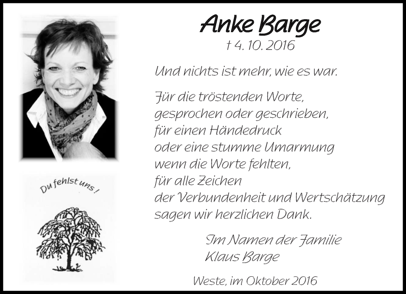  Traueranzeige für Anke Barge vom 05.11.2016 aus saarbruecker_zeitung