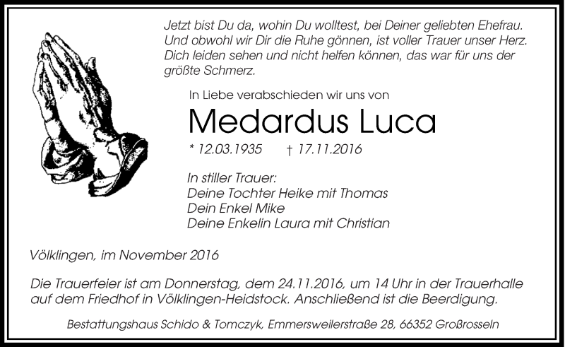  Traueranzeige für Medardus Luca vom 19.11.2016 aus saarbruecker_zeitung