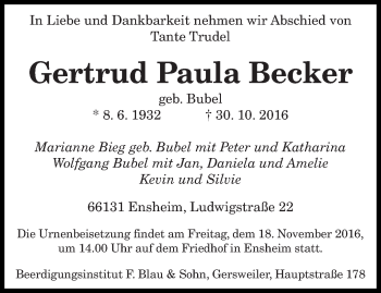 Traueranzeige von Gertrud Paula Becker von saarbruecker_zeitung