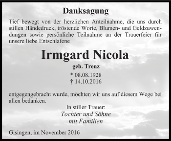 Traueranzeige von Irmgard Nicola von saarbruecker_zeitung