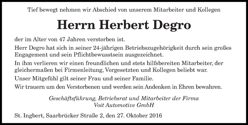  Traueranzeige für Herbert Degro vom 05.11.2016 aus saarbruecker_zeitung