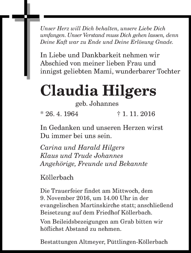  Traueranzeige für Claudia Hilgers vom 05.11.2016 aus saarbruecker_zeitung