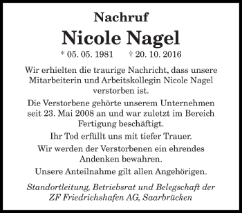 Traueranzeige von Nicole Nagel von saarbruecker_zeitung