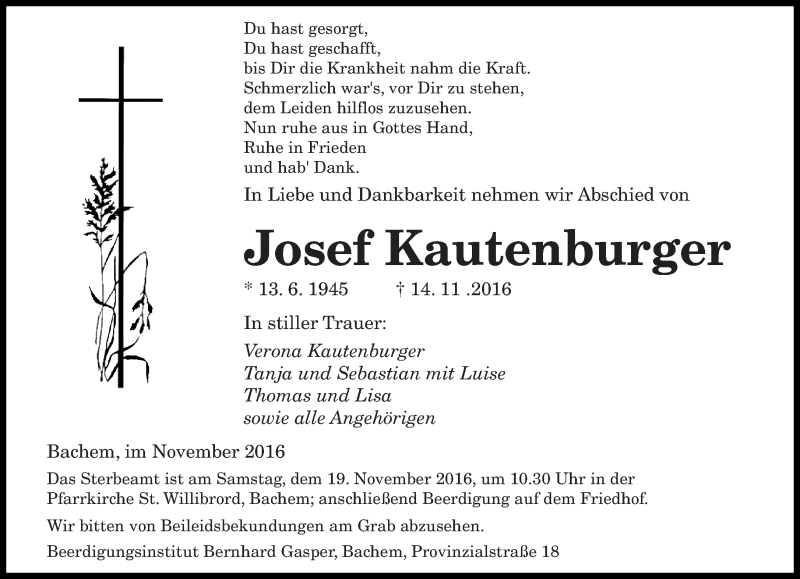  Traueranzeige für Josef Kautenburger vom 16.11.2016 aus saarbruecker_zeitung