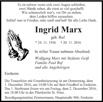 Traueranzeige von Ingrid Marx von saarbruecker_zeitung