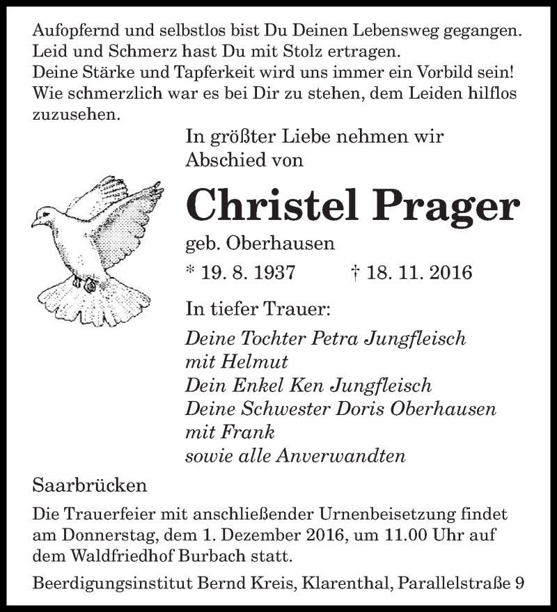  Traueranzeige für Christel Prager vom 26.11.2016 aus saarbruecker_zeitung
