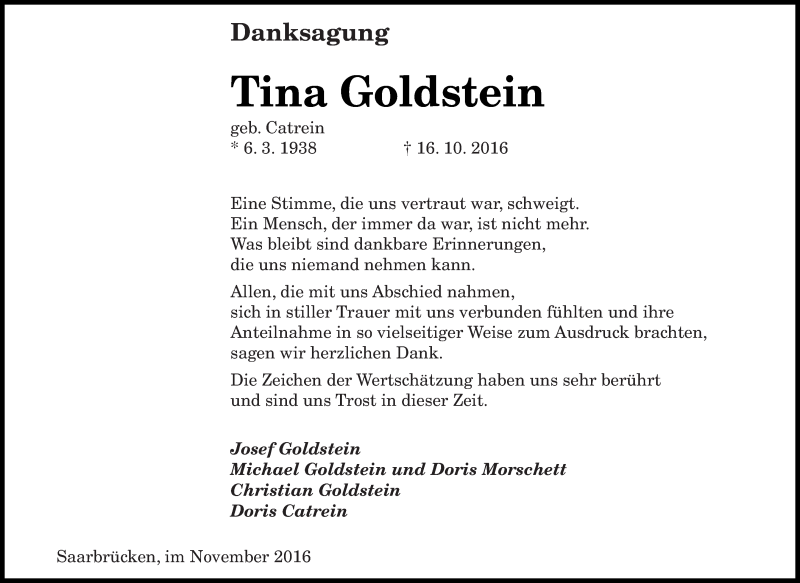 Traueranzeigen Von Tina Goldstein Saarbruecker Zeitung Trauer De