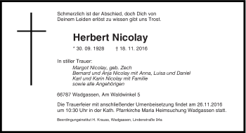 Traueranzeige von Herbert Nicolay von saarbruecker_zeitung