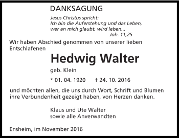 Traueranzeige von Hedwig Walter von saarbruecker_zeitung