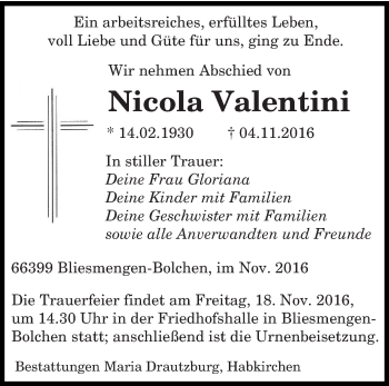 Traueranzeige von Nicola Valentini von saarbruecker_zeitung