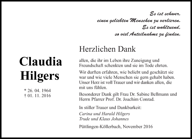  Traueranzeige für Claudia Hilgers vom 26.11.2016 aus saarbruecker_zeitung