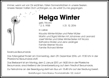 Traueranzeige von Helga Winter von saarbruecker_zeitung