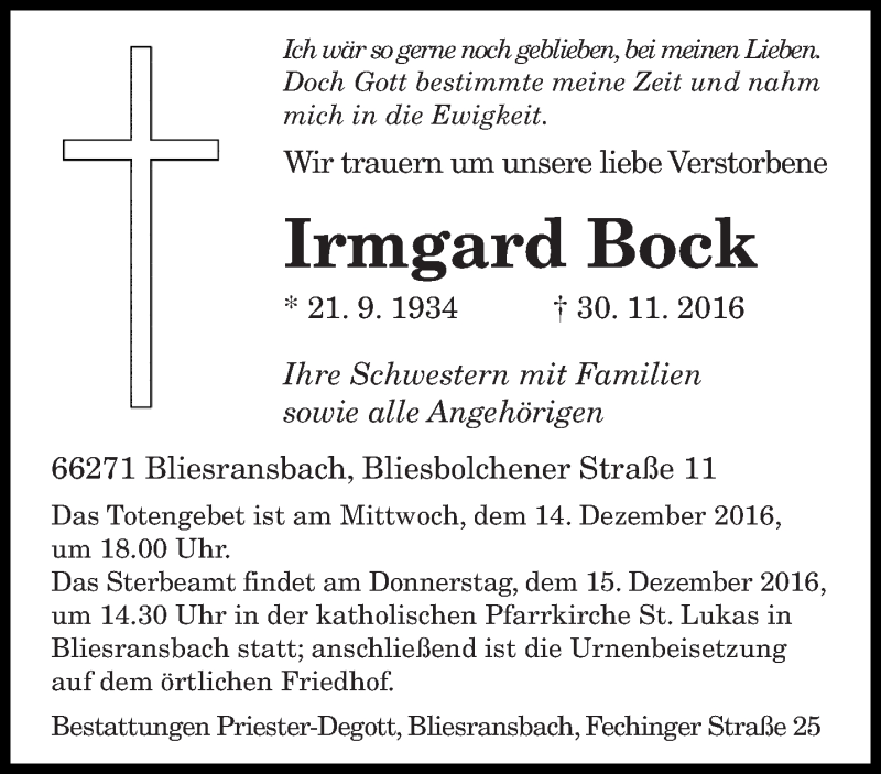  Traueranzeige für Irmgard Bock vom 10.12.2016 aus saarbruecker_zeitung