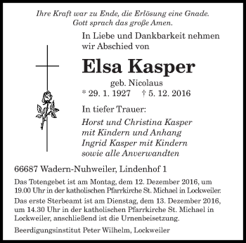 Traueranzeige von Elsa Kasper von saarbruecker_zeitung