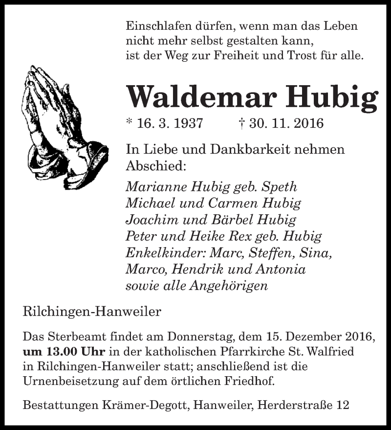  Traueranzeige für Waldemar Hubig vom 10.12.2016 aus saarbruecker_zeitung
