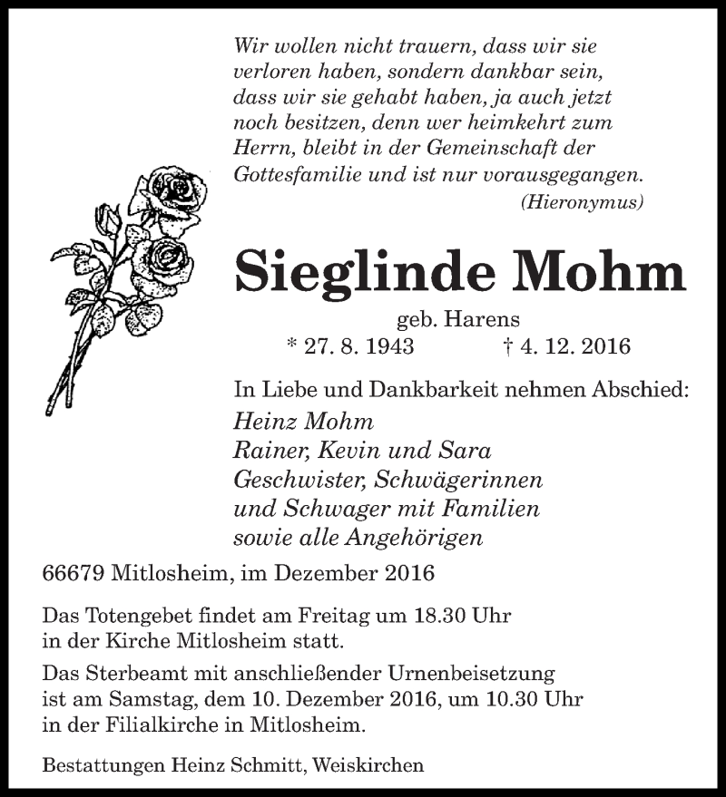  Traueranzeige für Sieglinde Mohm vom 08.12.2016 aus saarbruecker_zeitung