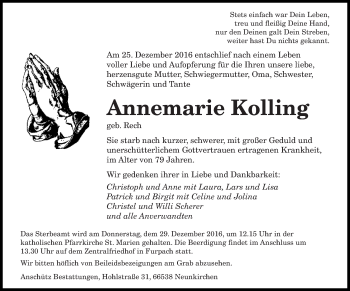 Traueranzeige von Annemarie Kolling von saarbruecker_zeitung