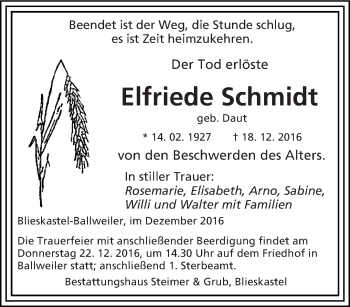 Traueranzeige von Elfriede Schmidt von saarbruecker_zeitung