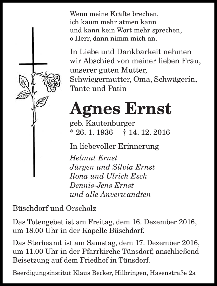 Traueranzeige für Agnes Ernst vom 15.12.2016 aus saarbruecker_zeitung