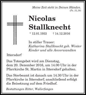 Traueranzeige von Nicolas Stallknecht von saarbruecker_zeitung