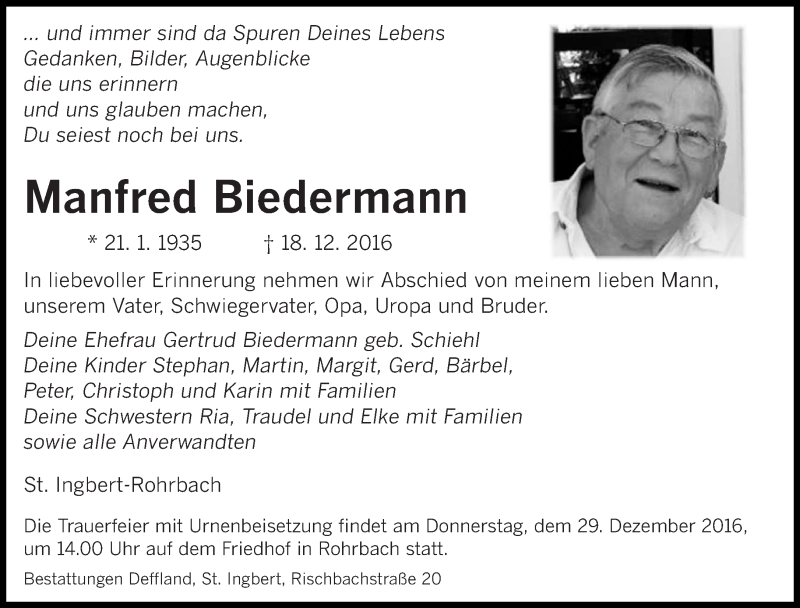  Traueranzeige für Manfred Biedermann vom 27.12.2016 aus saarbruecker_zeitung