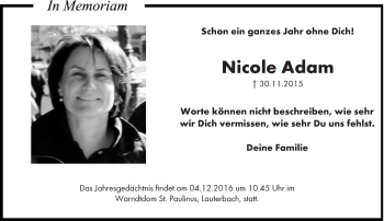 Traueranzeige von Nicole Adam von saarbruecker_zeitung