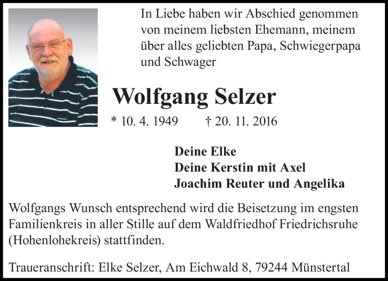  Traueranzeige für Wolfgang Selzer vom 30.11.2016 aus saarbruecker_zeitung