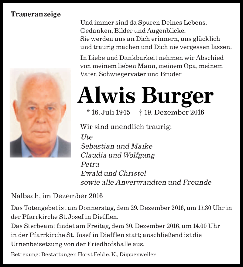  Traueranzeige für Alwis Burger vom 24.12.2016 aus saarbruecker_zeitung