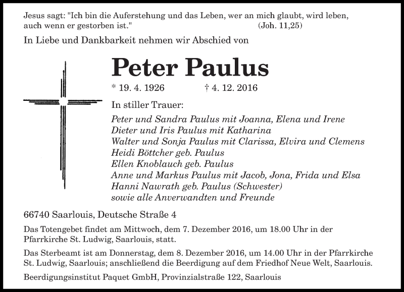  Traueranzeige für Peter Paulus vom 06.12.2016 aus saarbruecker_zeitung