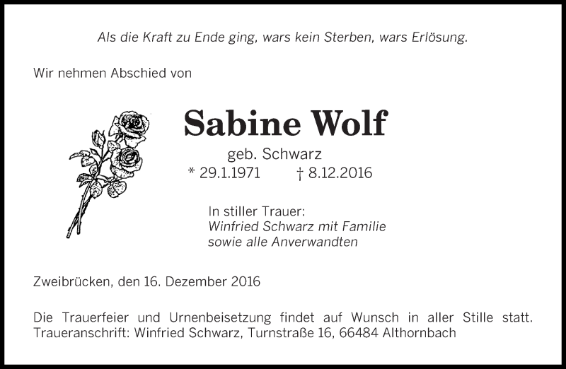  Traueranzeige für Sabine Wolf vom 16.12.2016 aus saarbruecker_zeitung