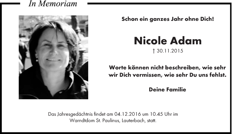  Traueranzeige für Nicole Adam vom 30.11.2016 aus saarbruecker_zeitung