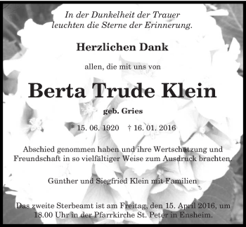 Traueranzeige von Berta Trude Klein von saarbruecker_zeitung