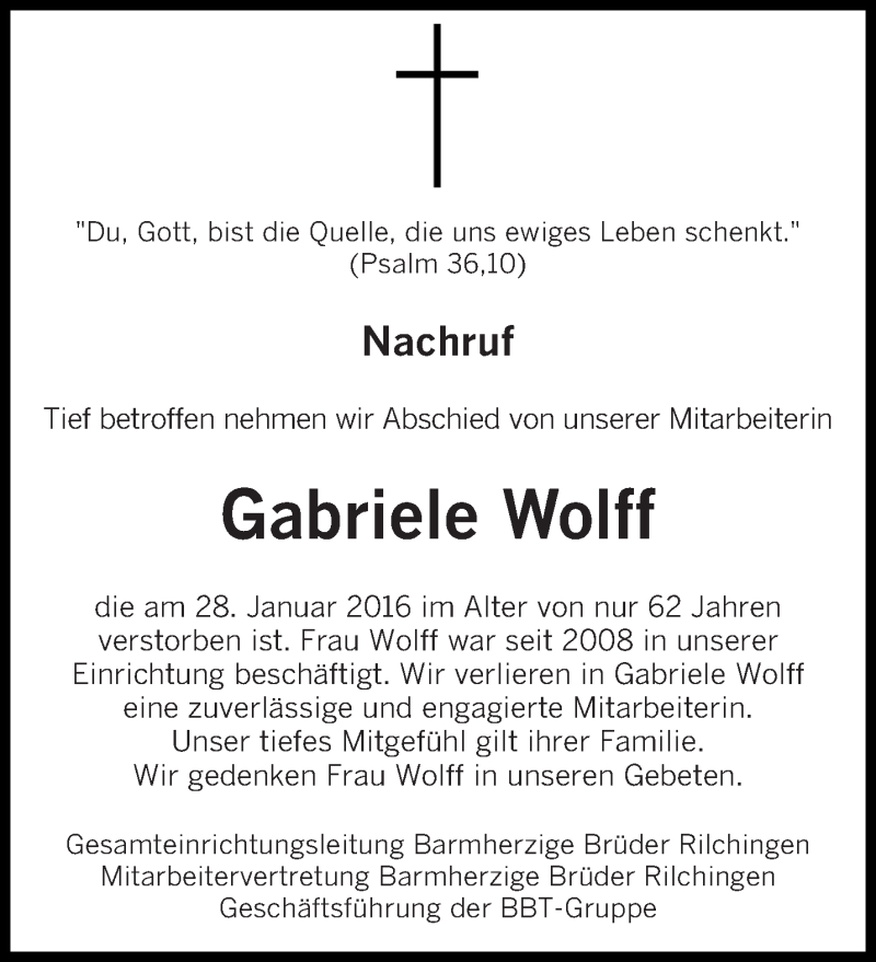  Traueranzeige für Gabriele Wolff vom 05.02.2016 aus saarbruecker_zeitung