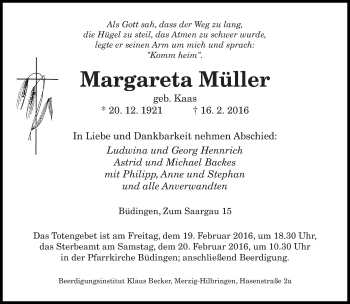 Traueranzeige von Margareta Müller von saarbruecker_zeitung