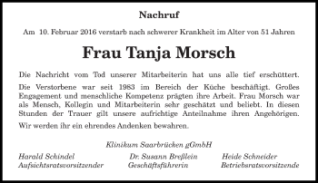 Traueranzeige von Tanja Morsch von saarbruecker_zeitung