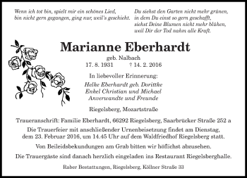 Traueranzeige von Marianne Eberhardt von saarbruecker_zeitung