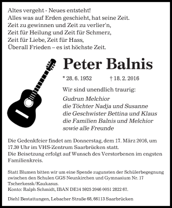 Traueranzeige von Peter Balnis von saarbruecker_zeitung